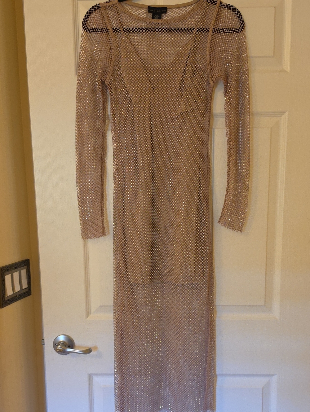 House of Harlow Long Nude Sheer Mesh Midi Dress with Small Rhinestone Accents